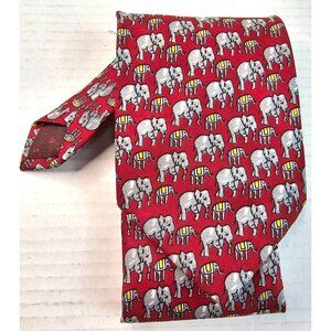 Vtg Cauvery Red Elephant Pattern Tie Pure Silk Mens Neckwear Burgundy India